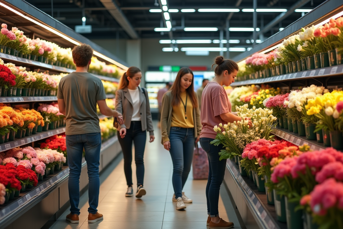 Groupe de clients achetant des fleurs dans une allée de supermarche