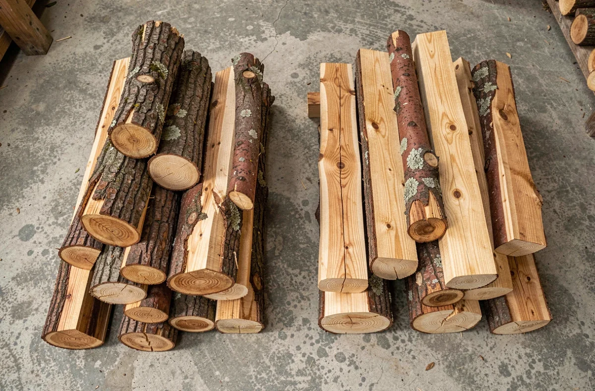 Vue de dessus comparaison de bûches de bois feuillu et résineux côte à côte pour le chauffage