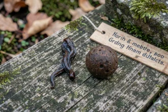 Comparaison côte à côte d'une crotte de hérisson et d'une crotte de chat sur une surface en bois naturel dans un jardin