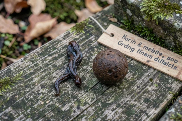 Comparaison côte à côte d'une crotte de hérisson et d'une crotte de chat sur une surface en bois naturel dans un jardin