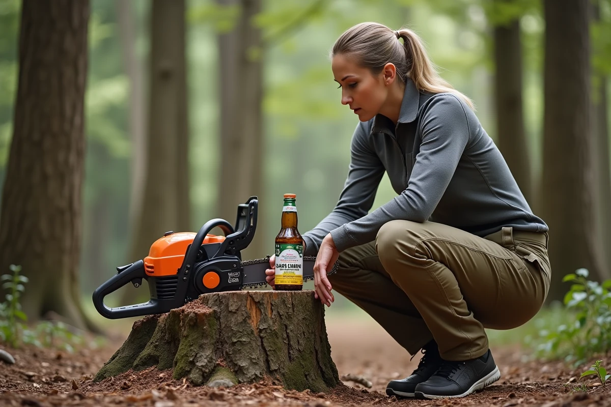 Femme comparant de l'huile de chaîne standard et de l'huile de vidange pour tronçonneuse électrique en forêt
