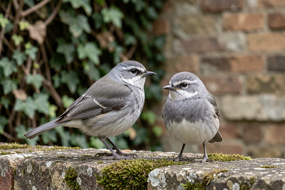 Deux petits oiseaux gris et blanc côte à côte sur un mur en pierre moussu, illustrant les différences morphologiques pour éviter les erreurs d'identification