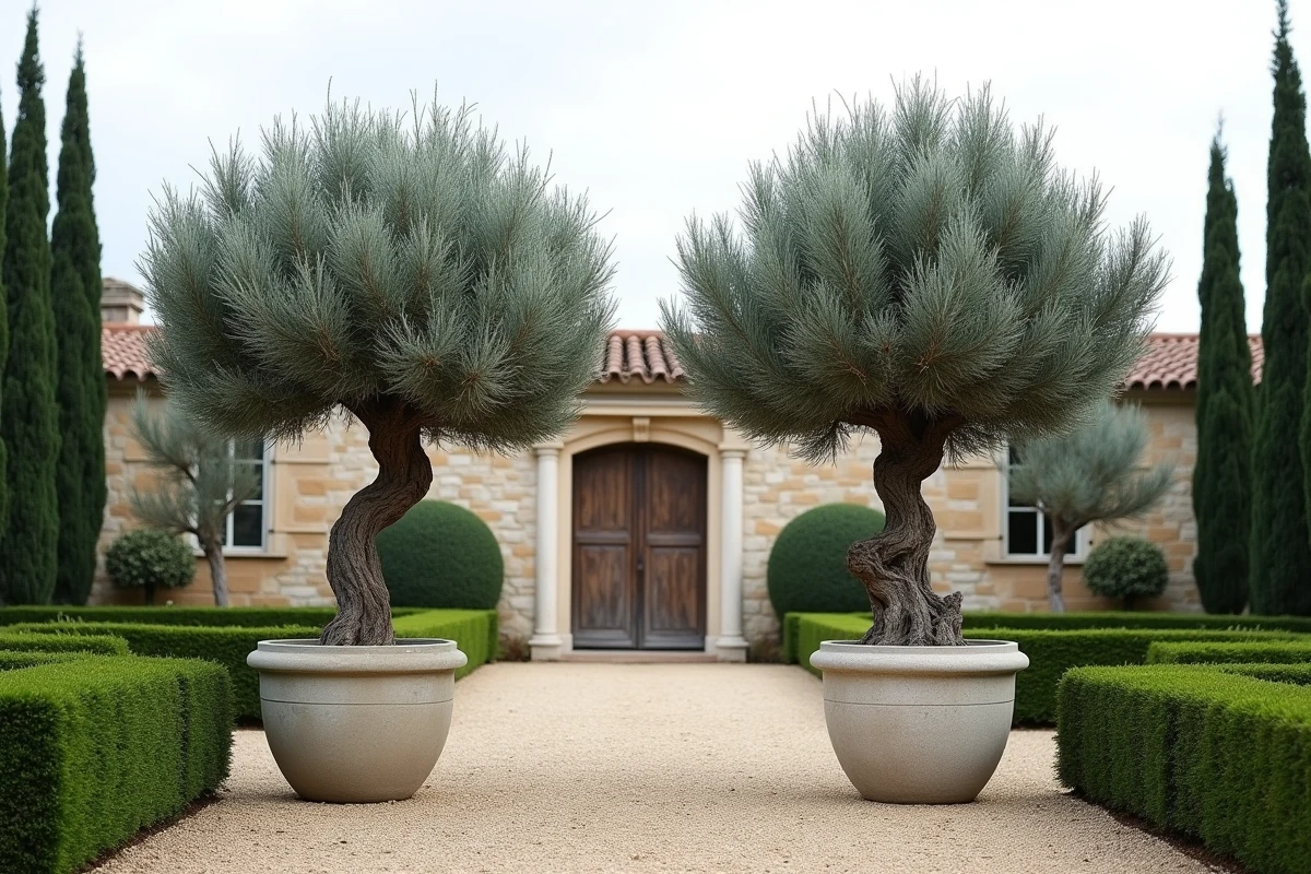 Comparaison de deux oliviers en nuage dans un jardin formel, l'un taillé par un pro et l'autre en DIY