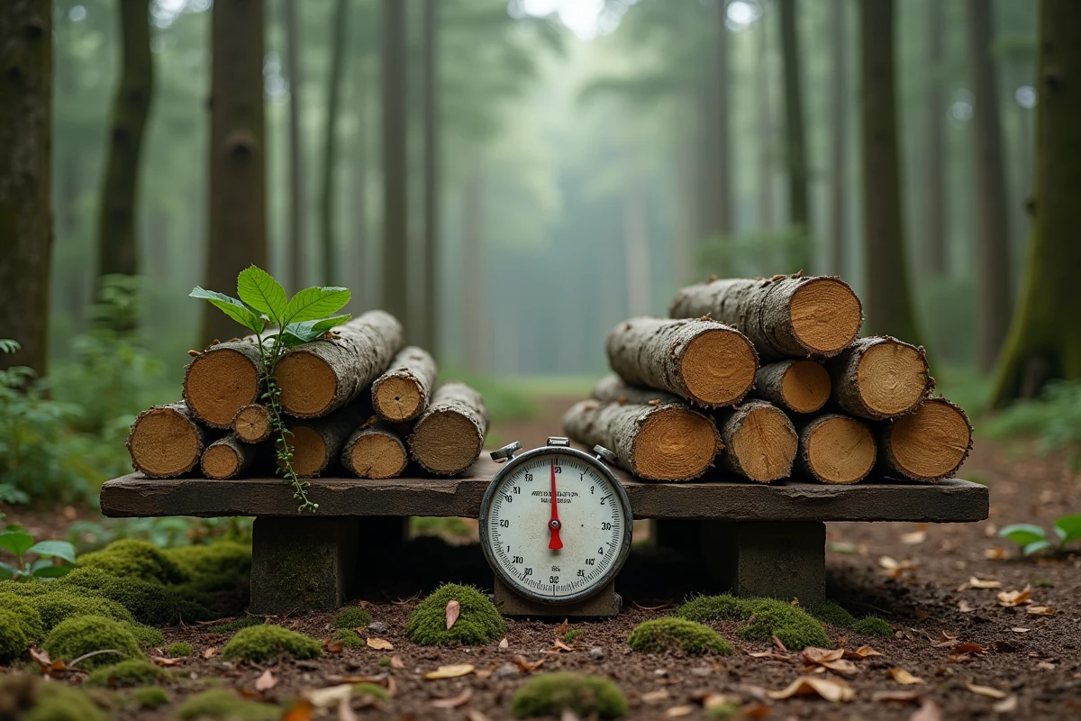 Comparaison de stères de bois vert et sec sur une balance en forêt de hêtres, montrant la différence de poids