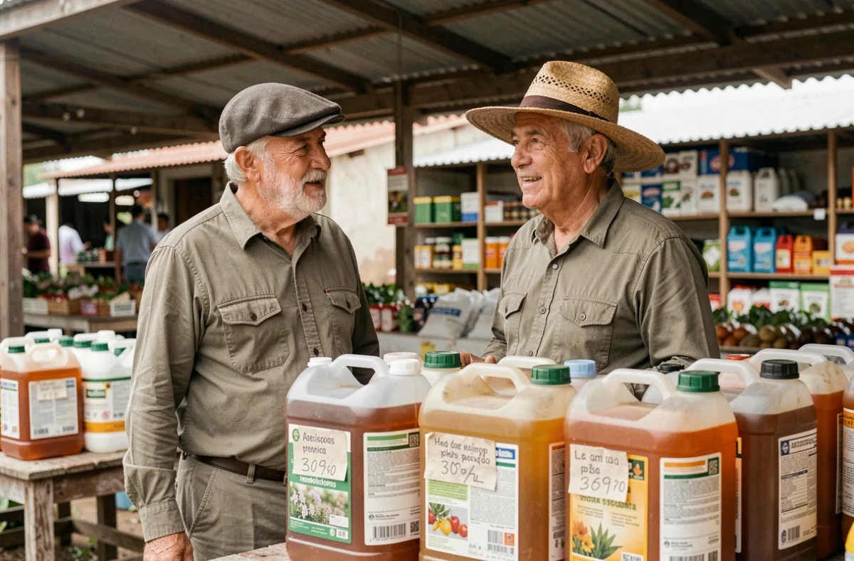 Deux agriculteurs, portugais et espagnol, comparant les prix du glyphosate 360 dans un marché agricole rural