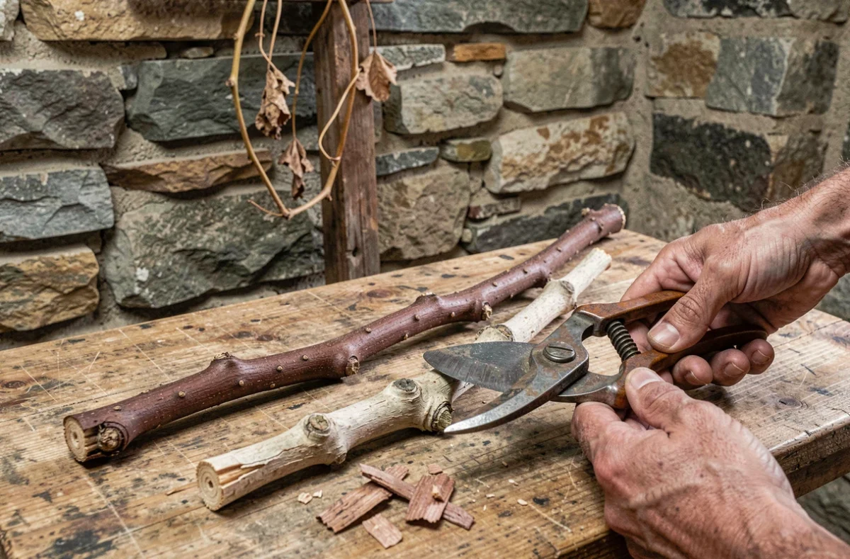 Comparaison de sarments de vigne sains et malades sur un établi en bois, outil de taille sécateur Felco, guide visuel de taille