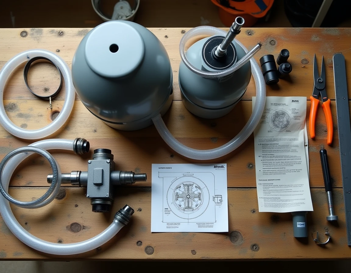 Vue à plat de tous les composants nécessaires pour convertir une pompe à cartouche Intex en filtre à sable avec schéma d'installation