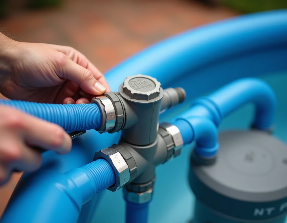 Gros plan sur la connexion des tuyaux flexibles à la vanne multivoie d'une pompe à sable Intex pour piscine