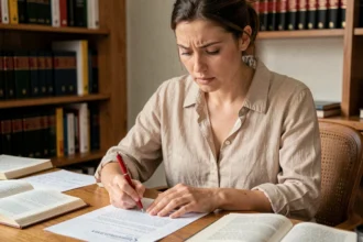 Femme corrigeant un document écrit avec un stylo rouge, entourée de dictionnaires, illustrant les pièges d'orthographe courants