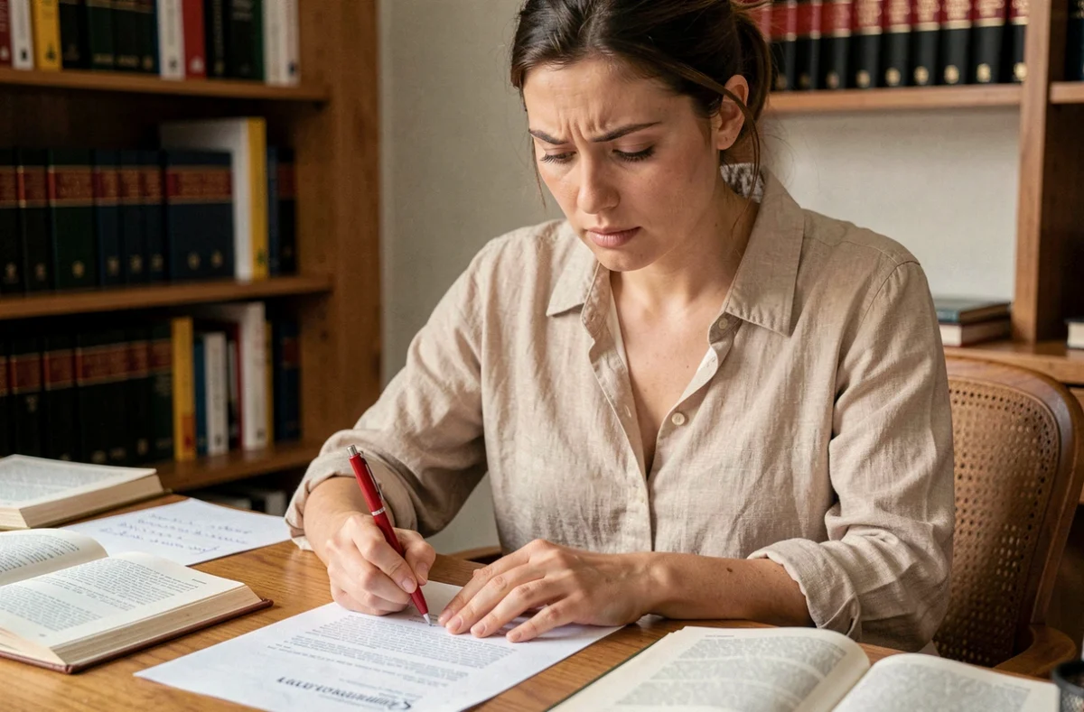 Femme corrigeant un document écrit avec un stylo rouge, entourée de dictionnaires, illustrant les pièges d'orthographe courants