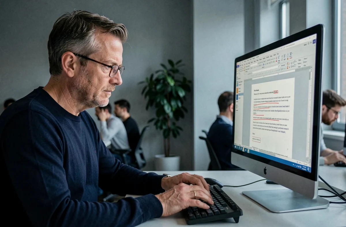 Homme avec des lunettes de lecture corrigeant des fautes d'orthographe sur un traitement de texte au bureau