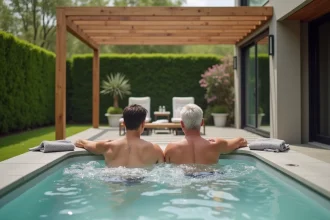 Couple d'âge moyen dans un spa extérieur moderne sous une pergola en bois