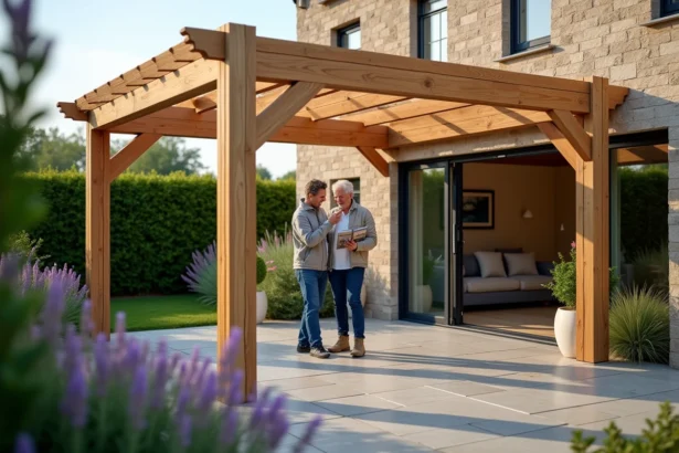 Couple comparant une pergola en bois 5x4 installée dans un jardin de maison individuelle, en tenant un catalogue Brico Dépôt