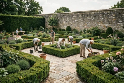Équipe de paysagistes professionnels aménageant un jardin typique de la région Bourgogne-Franche-Comté avec allées en pierre et massifs fleuris