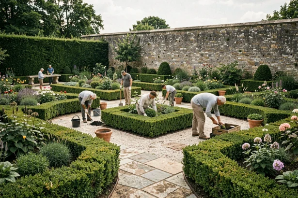 Équipe de paysagistes professionnels aménageant un jardin typique de la région Bourgogne-Franche-Comté avec allées en pierre et massifs fleuris