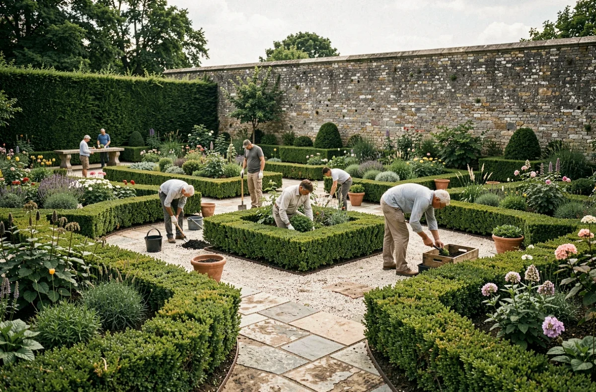 Équipe de paysagistes professionnels aménageant un jardin typique de la région Bourgogne-Franche-Comté avec allées en pierre et massifs fleuris