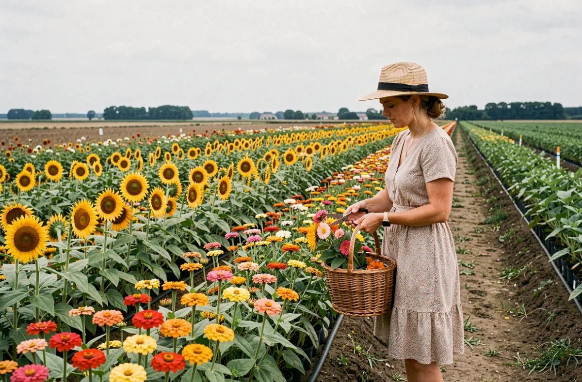 Femme cueillant des fleurs dans les rangées de zinnias et tournesols de la Cueillette Fleurie à Renescure, avec des plants de légumes en arrière-plan