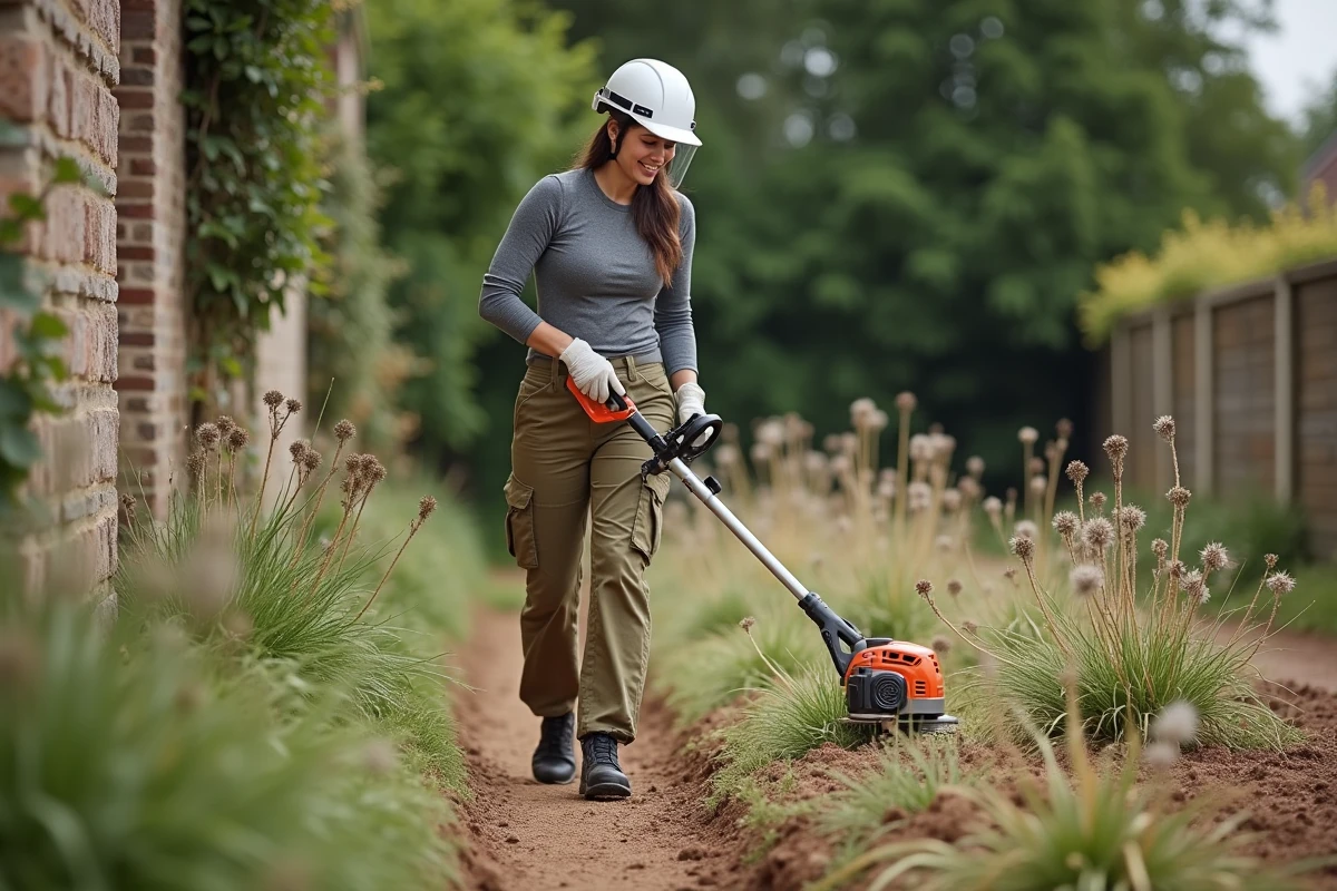 Femme utilisant un coupe-broussailles électrique pour entretenir un terrain en pente, méthode légale sans produit chimique interdit