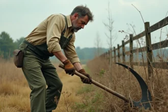Homme débroussaillant manuellement un terrain envahi par des ronces avec une faux, alternative légale aux débroussaillants chimiques interdits