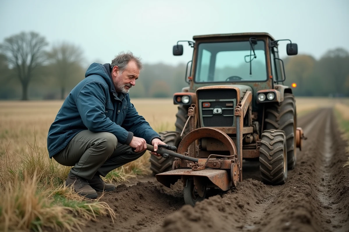 Agriculteur inspectant un tracteur de débroussaillage mécanique sur terrain rural, solution réglementaire sans herbicide chimique interdit