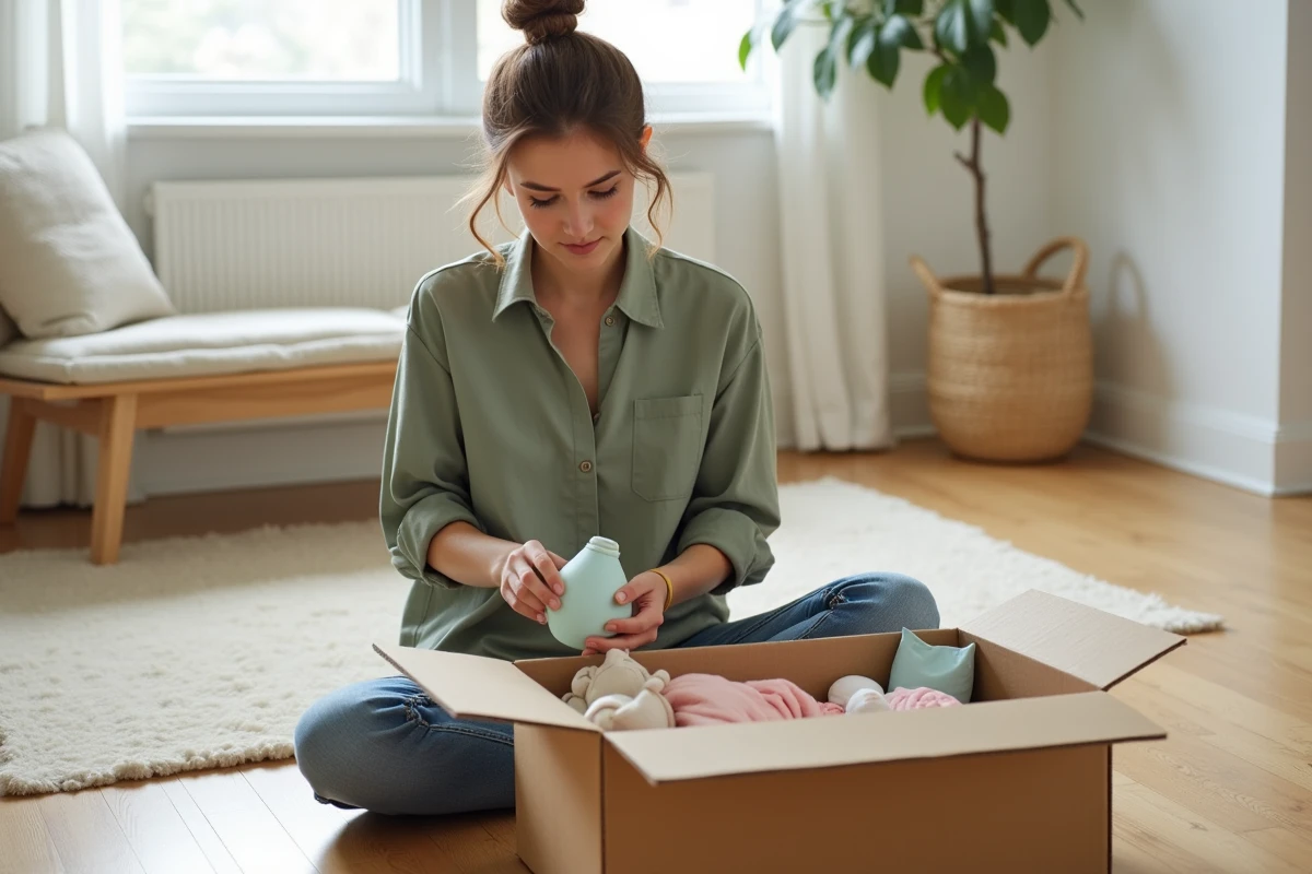 Jeune femme découvrant le contenu d'une box Pousse-pousse avec des produits bébé étalés sur le sol