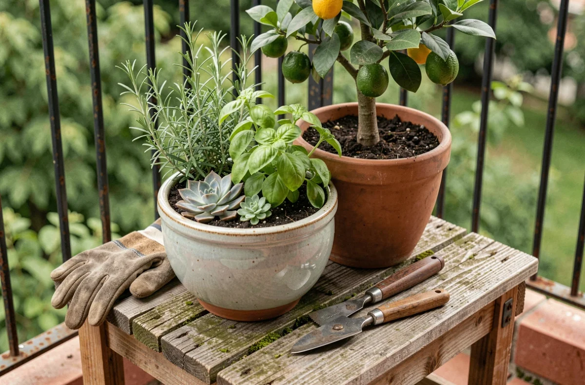 Détail d'un coin de balcon avec des plantes succulentes, des herbes aromatiques et un agrume nain dans un pot en céramique sur un présentoir en bois