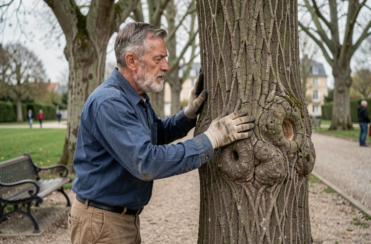 Arboriste De Champsavin inspectant le tronc d'un vieux platane dans un parc public pour diagnostic avant élagage