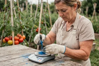 Femme mesurant avec précision le dosage de bouillie bordelaise sur une balance de cuisine dans un jardin potager