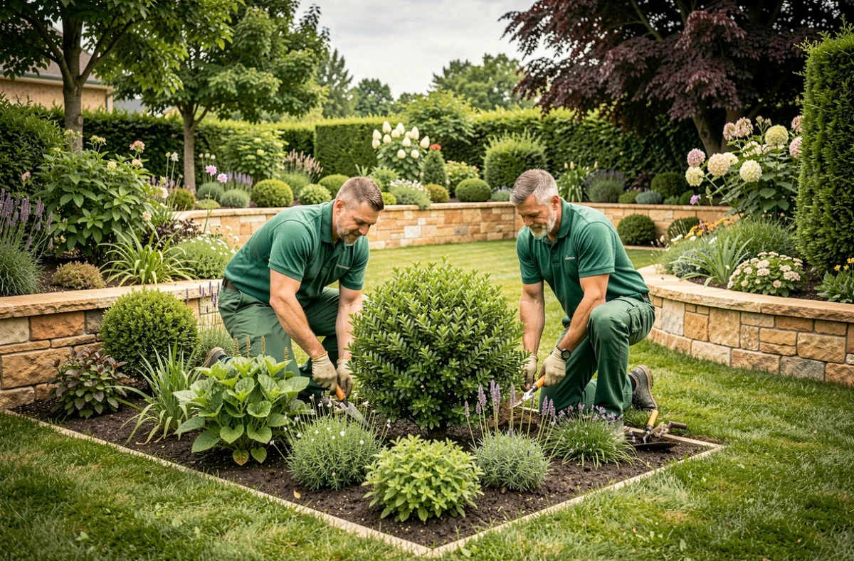 Jardiniers de Duc et Preneuf Bourgogne plantant des arbustes ornementaux dans un jardin résidentiel à Longvic en Côte-d'Or