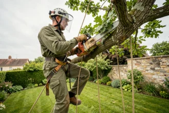 Arboriste professionnel De Champsavin effectuant un élagage en hauteur sur un grand chêne dans un jardin résidentiel