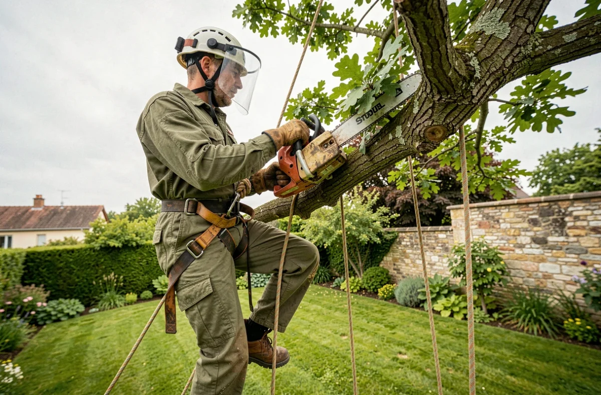 Arboriste professionnel De Champsavin effectuant un élagage en hauteur sur un grand chêne dans un jardin résidentiel
