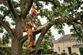 Élagueur professionnel en sécurité dans un chêne lors d'une intervention d'élagage dans les Yvelines