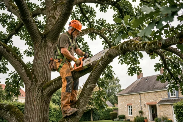 Élagueur professionnel en sécurité dans un chêne lors d'une intervention d'élagage dans les Yvelines
