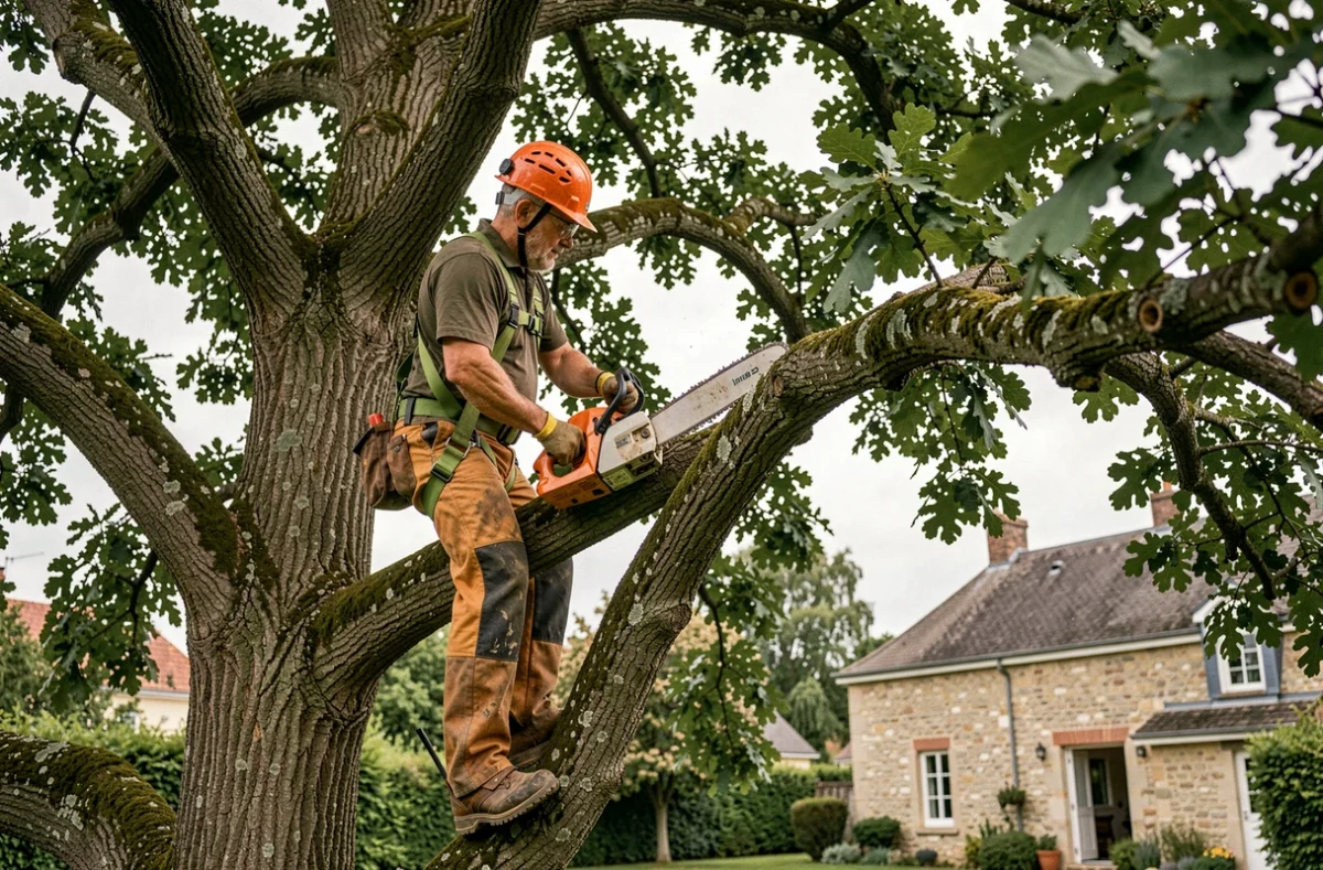 Élagueur professionnel en sécurité dans un chêne lors d'une intervention d'élagage dans les Yvelines