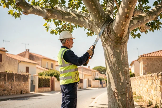 Élagueur professionnel en tenue de sécurité taillant un platane mature dans une rue résidentielle d'Aubagne
