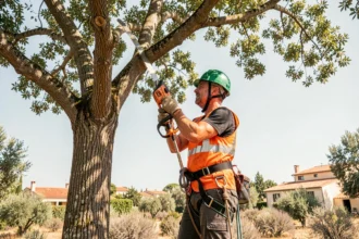 Élagueur professionnel en tenue de sécurité taillant un chêne dans un jardin du Var