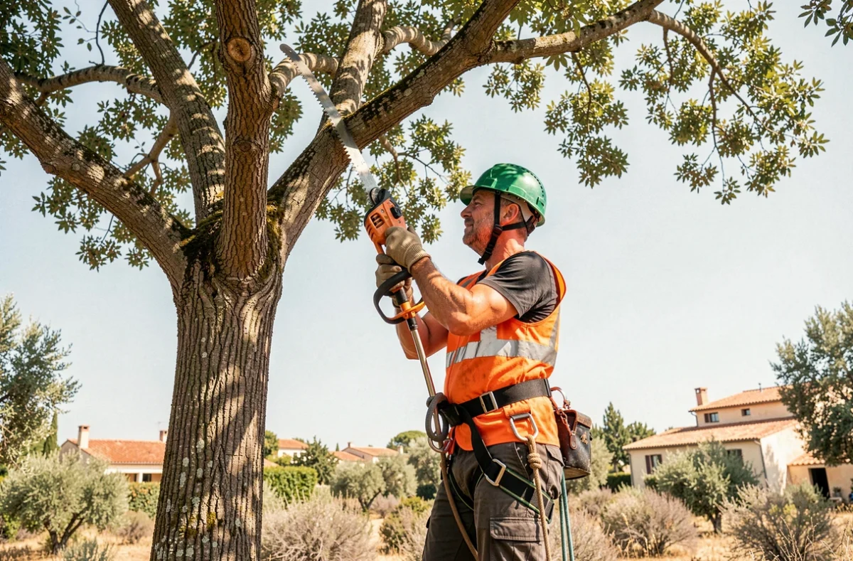 Élagueur professionnel en tenue de sécurité taillant un chêne dans un jardin du Var