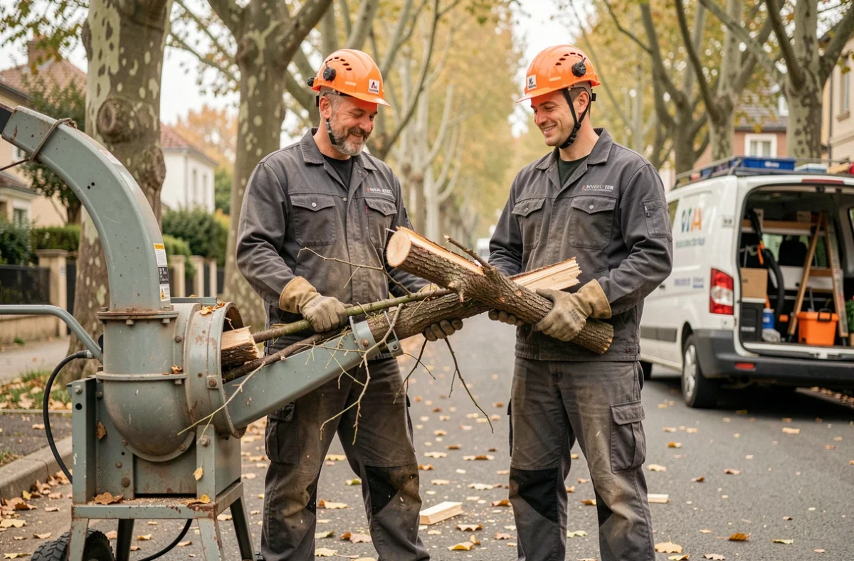Deux élagueurs professionnels utilisant un broyeur de branches sur une rue résidentielle après l'élagage d'arbres