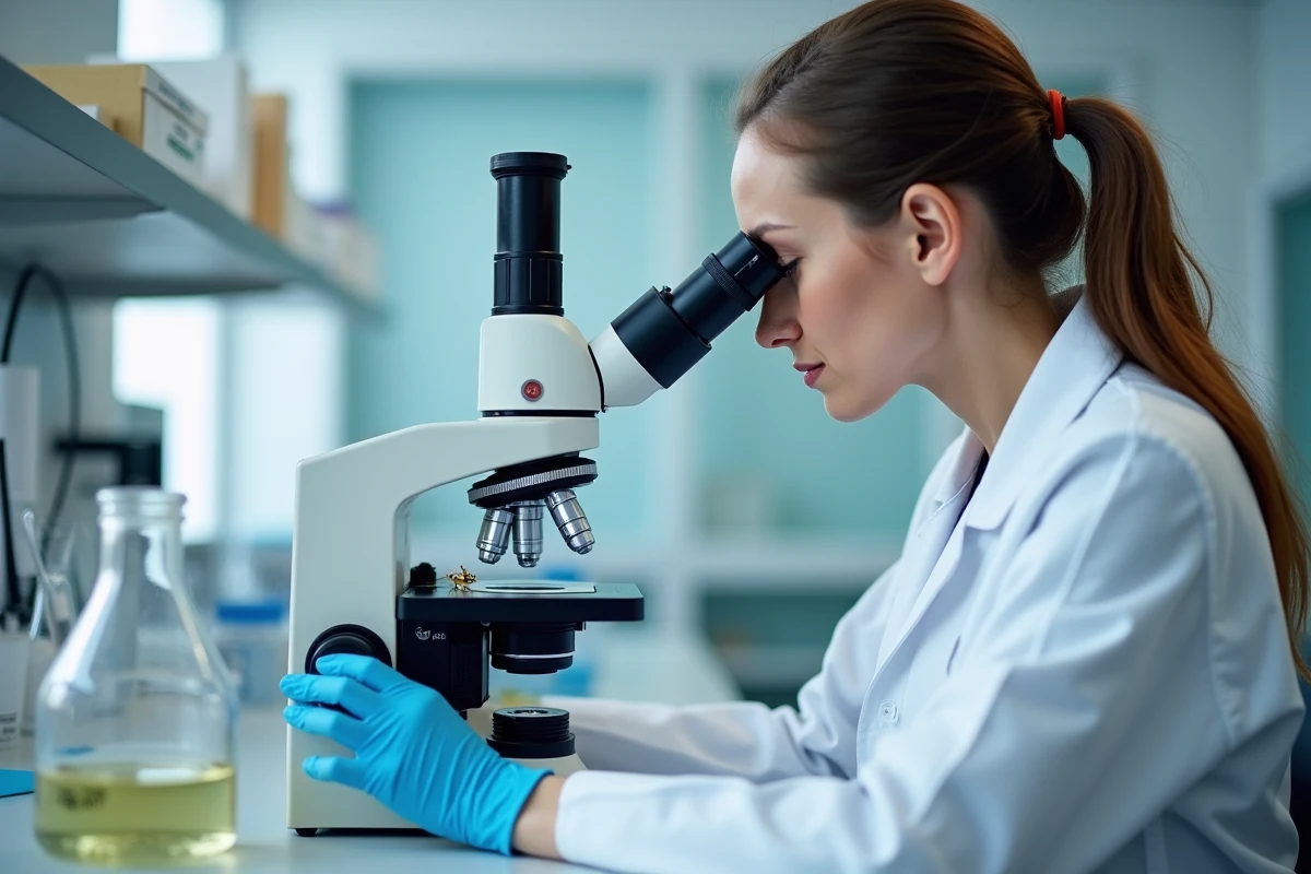 Entomologiste femme examinant un spécimen de thrips au microscope stéréo en laboratoire scientifique