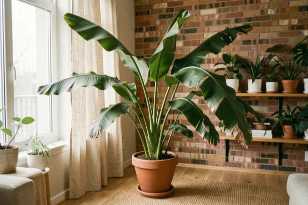 Un grand bananier tropical en pot dans un appartement moderne, avec des feuilles vertes luxuriantes et quelques bords séchés, illustrant l'entretien d'un bananier en intérieur.