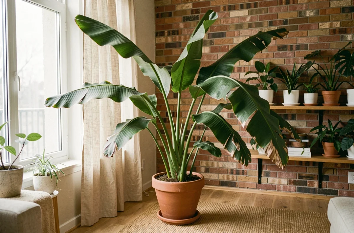 Un grand bananier tropical en pot dans un appartement moderne, avec des feuilles vertes luxuriantes et quelques bords séchés, illustrant l'entretien d'un bananier en intérieur.