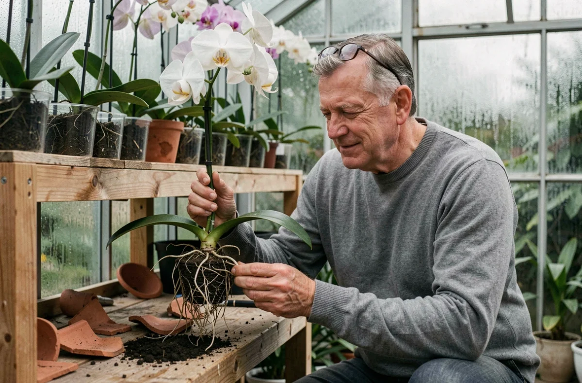 Homme en serre examinant une orchidée taillée avec de nouvelles racines après floraison sur un établi en bois entouré de plantes