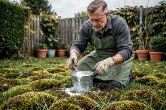 Homme épandant de la chaux sur une pelouse envahie par la mousse dans un jardin de banlieue en automne