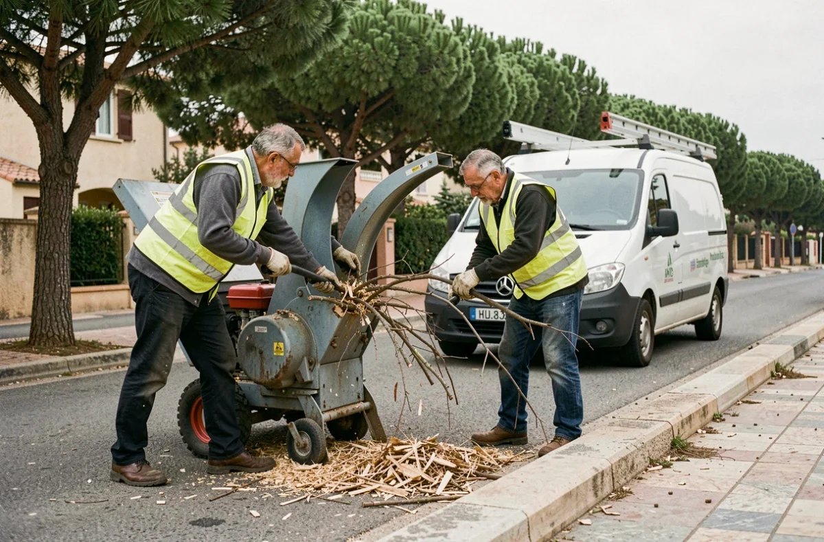 Équipe d'élagueurs utilisant un broyeur de branches dans une rue d'Aubagne lors d'un chantier d'élagage
