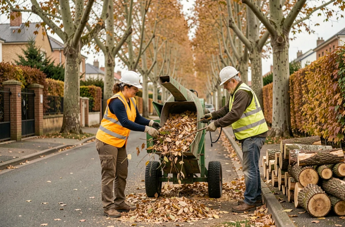 Équipe d'élagage avec broyeur de branches intervenant dans une rue des Yvelines