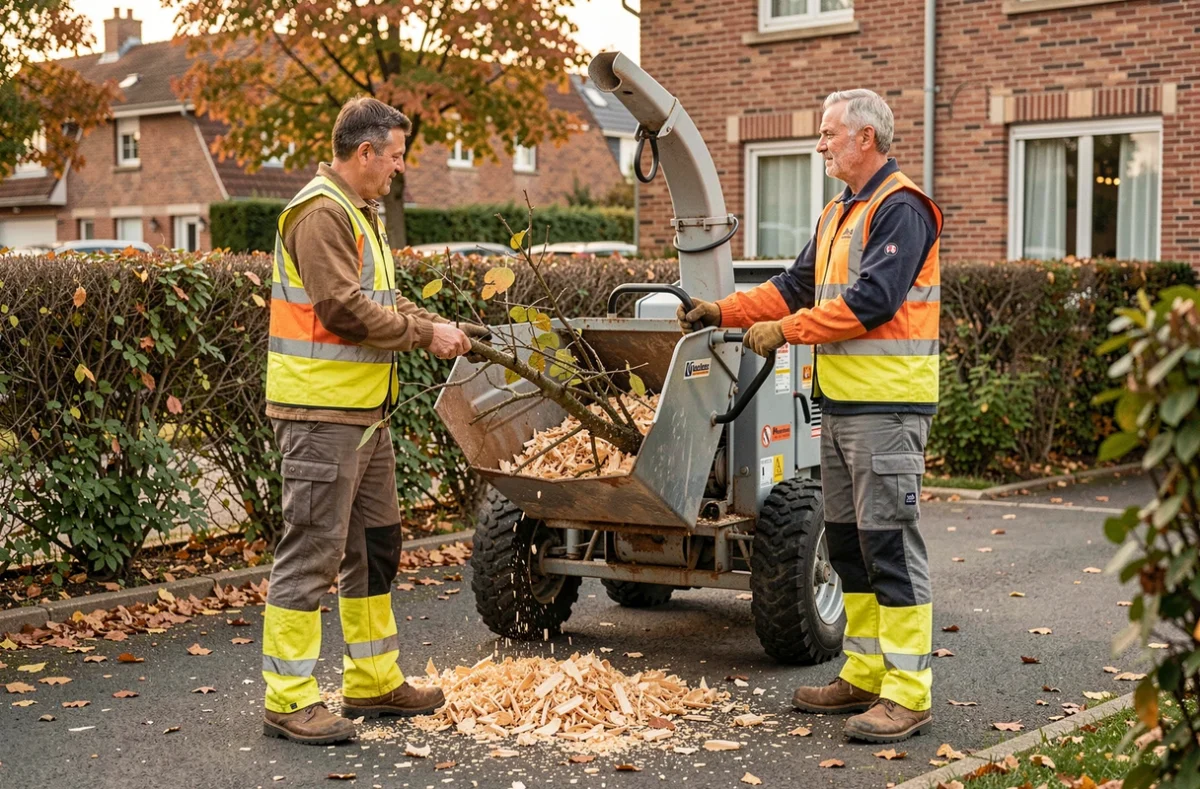 Équipe d'élagueurs De Champsavin utilisant un broyeur de branches lors d'un chantier d'élagage résidentiel
