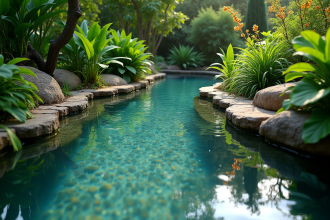 Étang de jardin paisible avec plantes vertes et profondeur d'eau