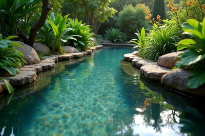 Étang de jardin paisible avec plantes vertes et profondeur d'eau