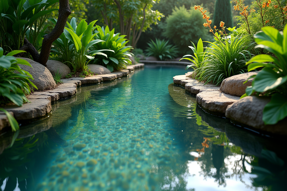 Étang de jardin paisible avec plantes vertes et profondeur d'eau