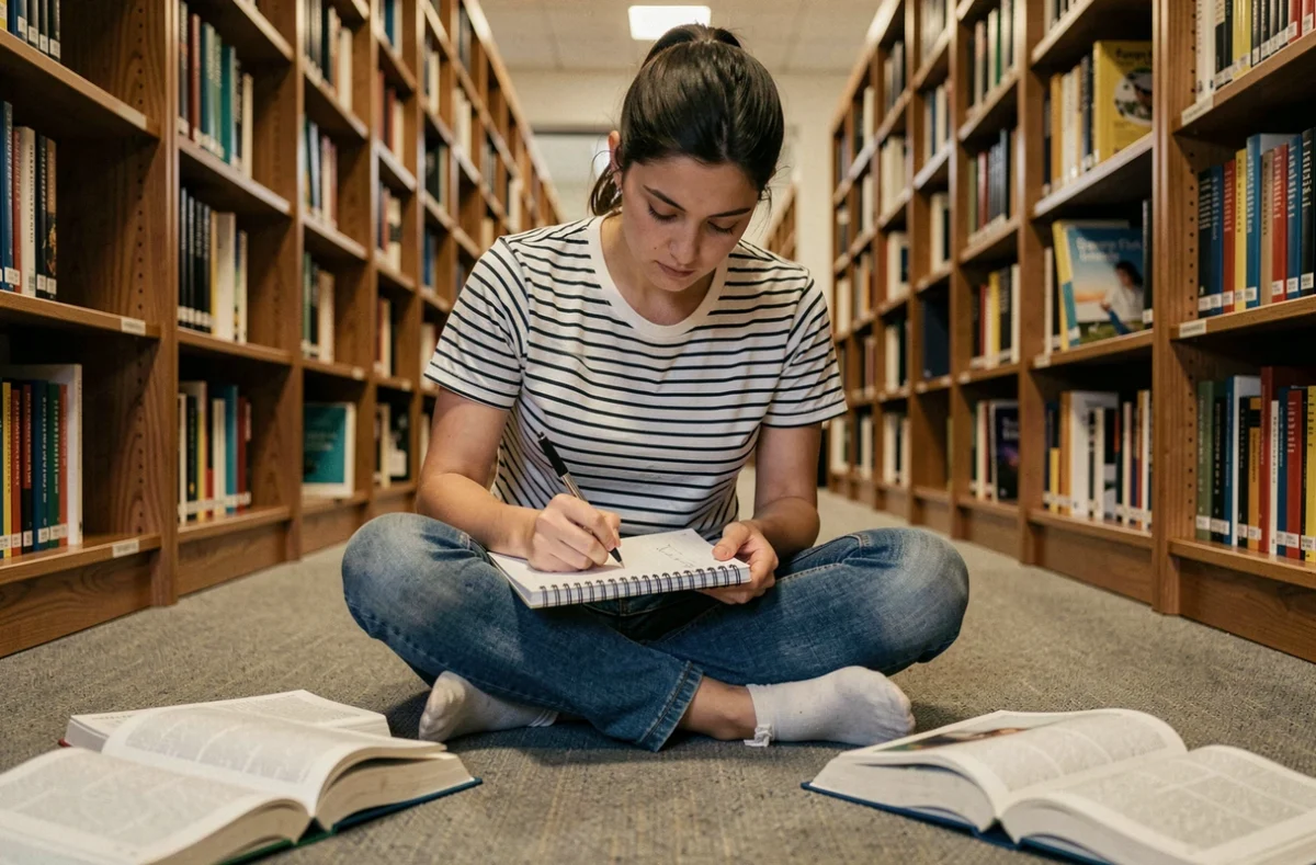 Jeune femme étudiant l'orthographe française entourée de livres de grammaire dans une bibliothèque